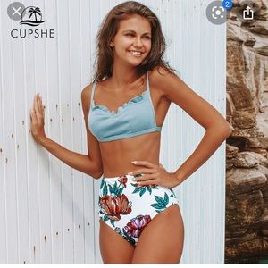 Cupshe Blue And White Floral High Waisted  Bikini